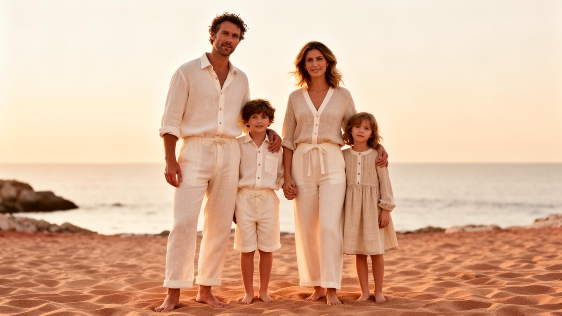 A family of four in matching ivory linen at sunset on the coast